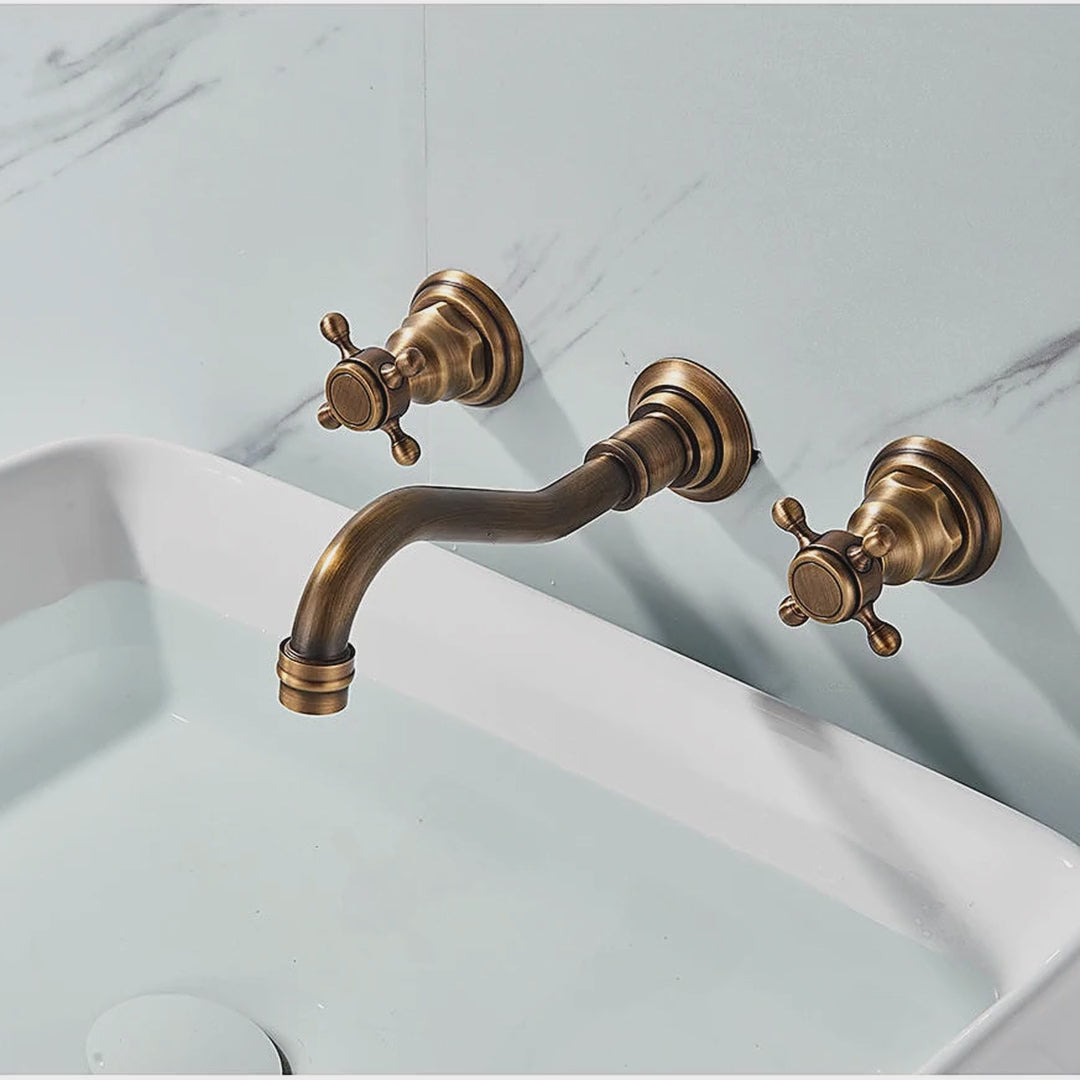 Antique Brass Wall-Mount Bathroom Faucet, Three-Piece video showcase