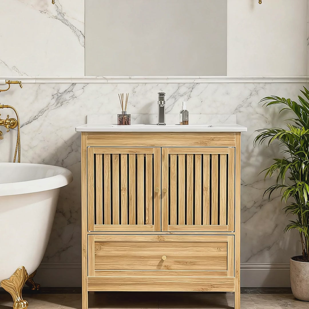 Slow cinematic tour of the natural bamboo bathroom vanity from real product photography