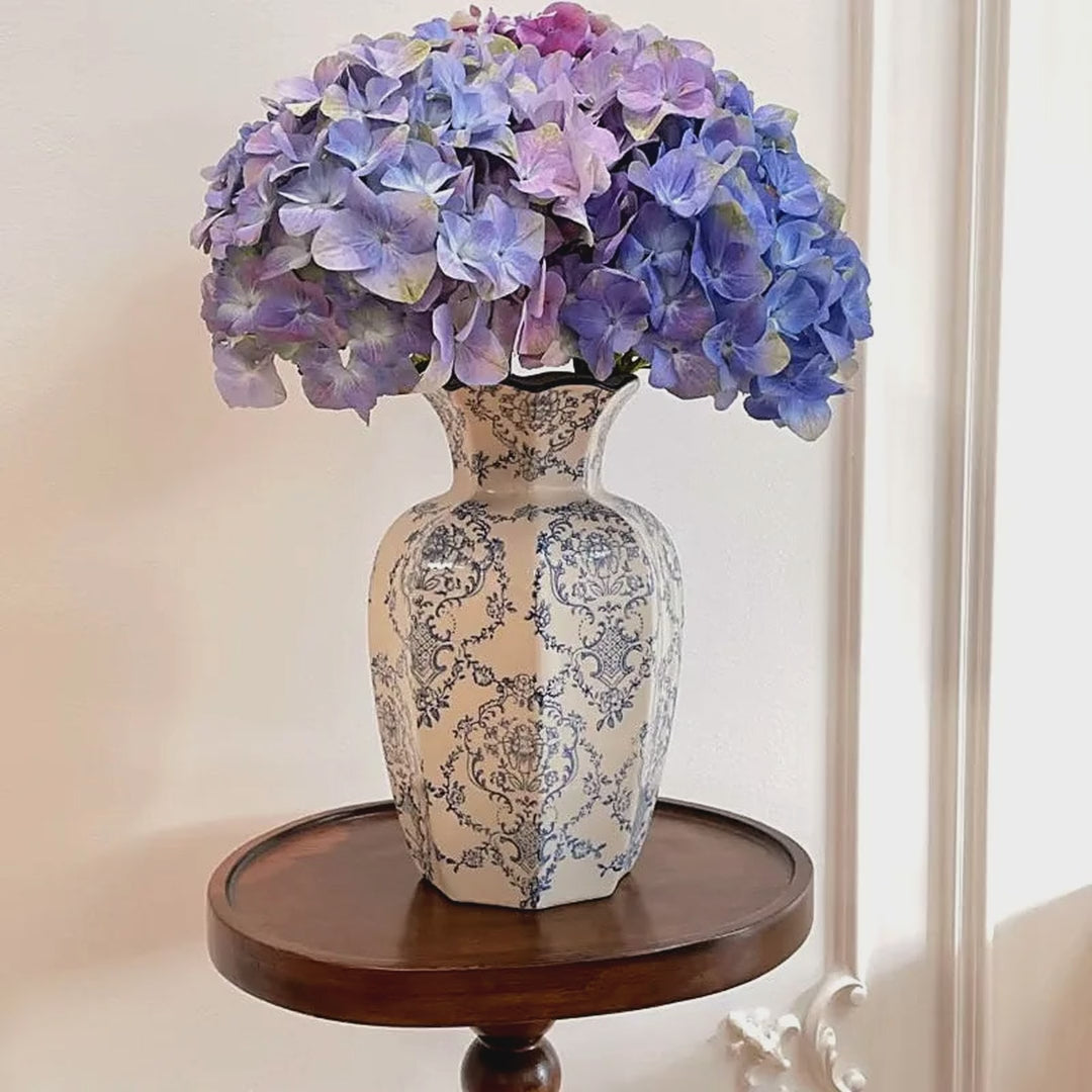 Slow cinematic tour of the blue and white porcelain vase, styled with hydrangeas and lilies