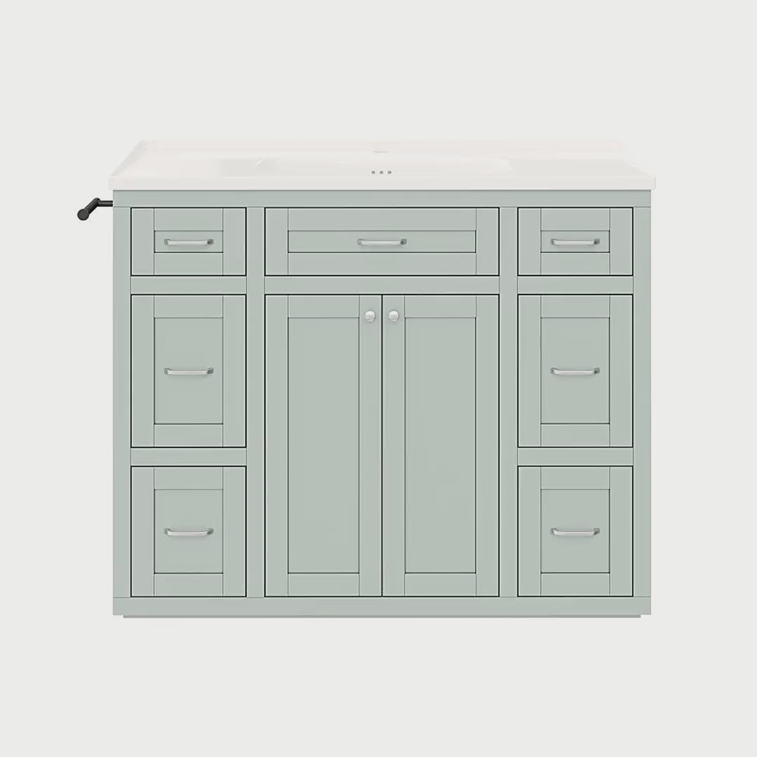Slow cinematic tour of the mint green bathroom vanity with ceramic sink from real product photography