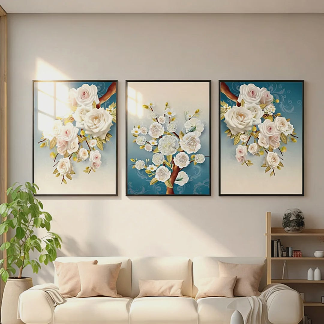 Slow cinematic tour of the white blossom branch framed wall art set from real product photography