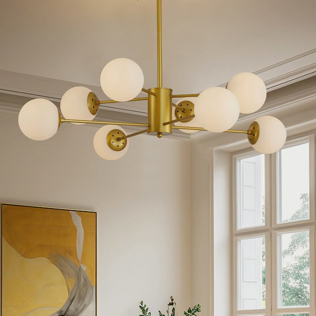 Eight-Light Gold Sputnik Chandelier with White Glass Globes, 35 in video showcase