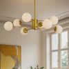Eight-Light Gold Sputnik Chandelier with White Glass Globes, 35 in video showcase
