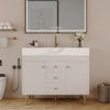 Slow cinematic tour of the white bathroom vanity with gold legs from real product photography