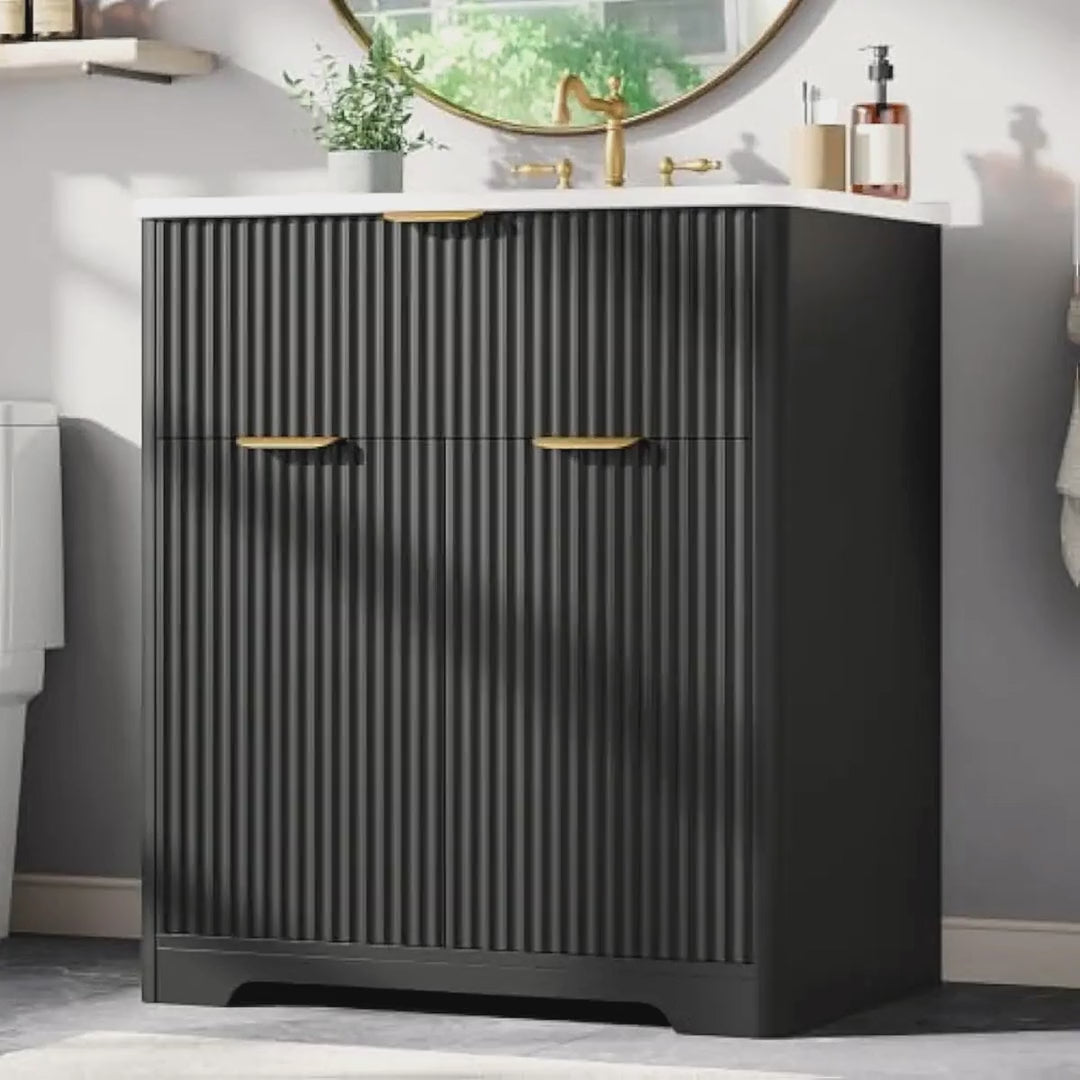Slow cinematic tour of the black fluted bathroom vanity with ceramic sink from real product photography
