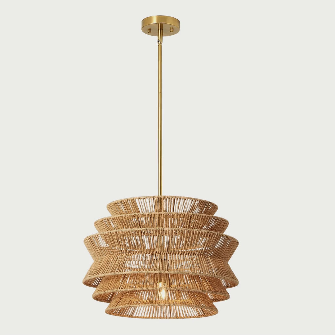 Slow cinematic tour of the hand-woven tiered pendant light from real product photography