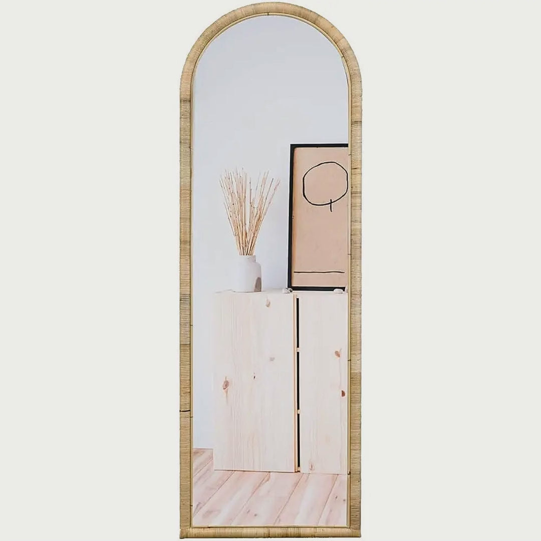 Woven Rattan Arched Full-Length Mirror, 64 x 20 in video showcase