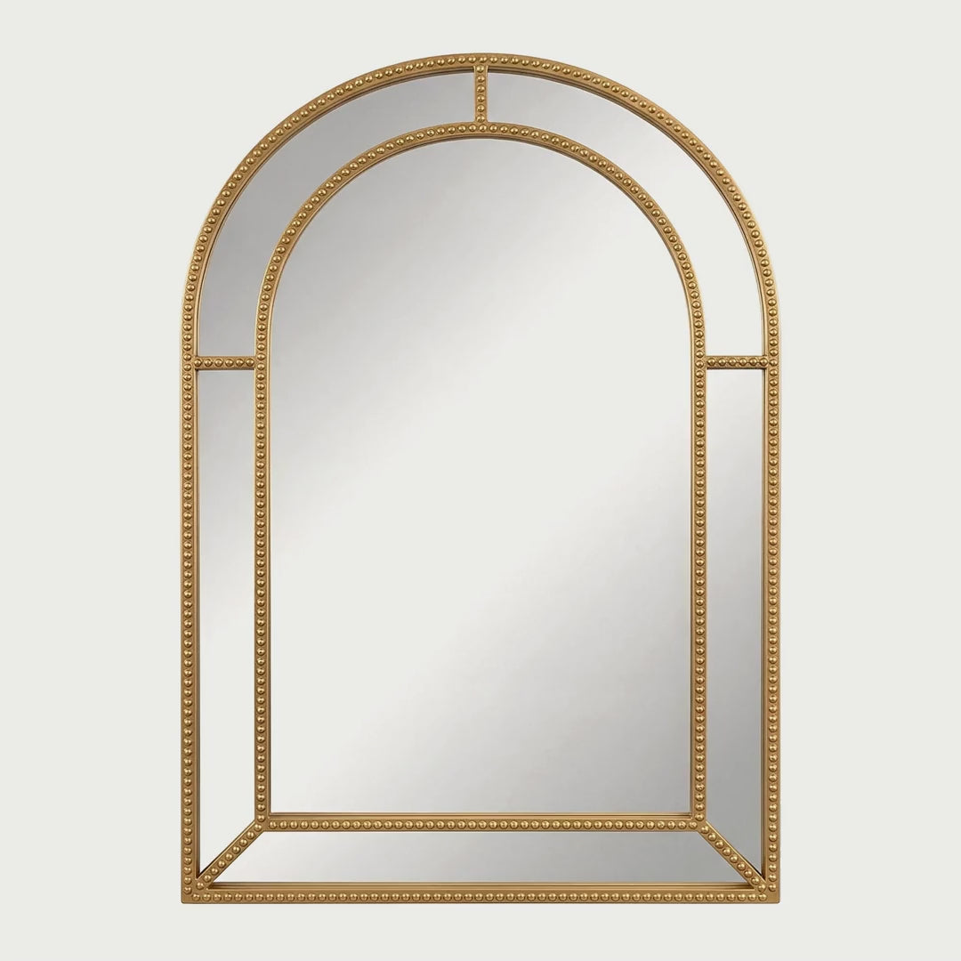 Slow cinematic tour of the gold beaded arched wall mirror from real product photography