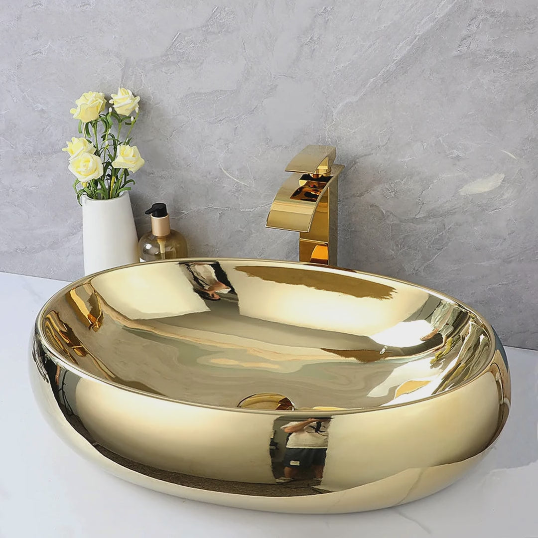 Gold-Glazed Ceramic Oval Vessel Sink with Waterfall Faucet video showcase