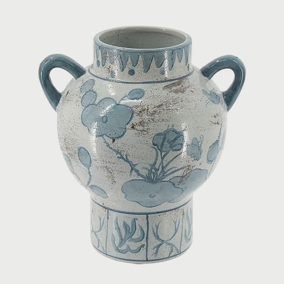 Blue and White Hand-Painted Ceramic Amphora Vase, 9.4 in video showcase