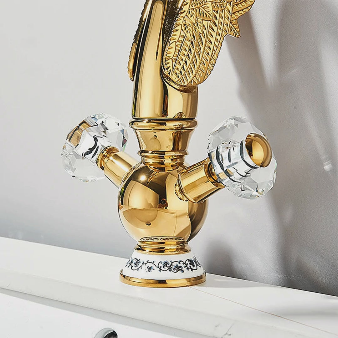 Slow cinematic tour of the gold swan-neck basin faucet with crystal handles from real product photography