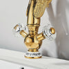 Slow cinematic tour of the gold swan-neck basin faucet with crystal handles from real product photography
