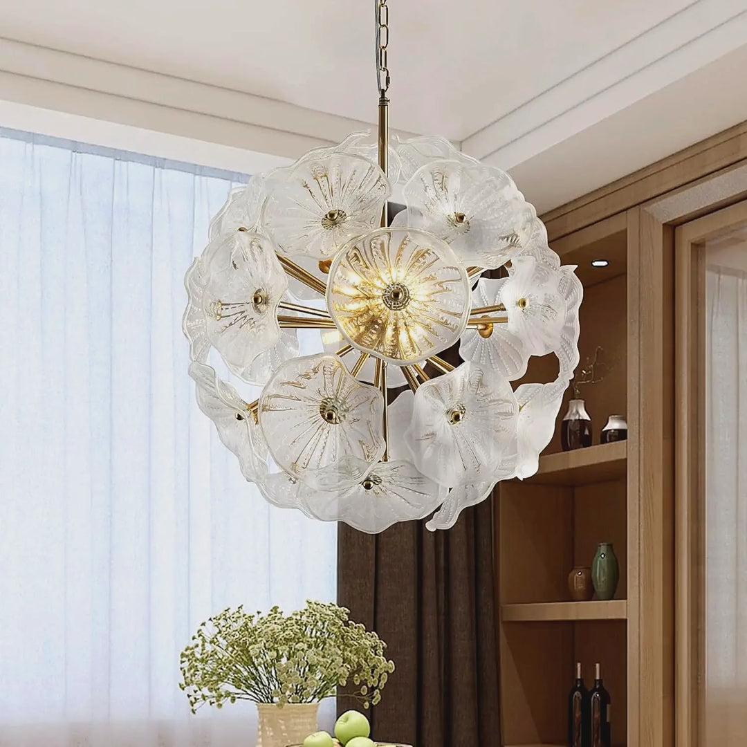 Hand-Blown White Glass Flower Chandelier, Six Lights, 24 in video showcase