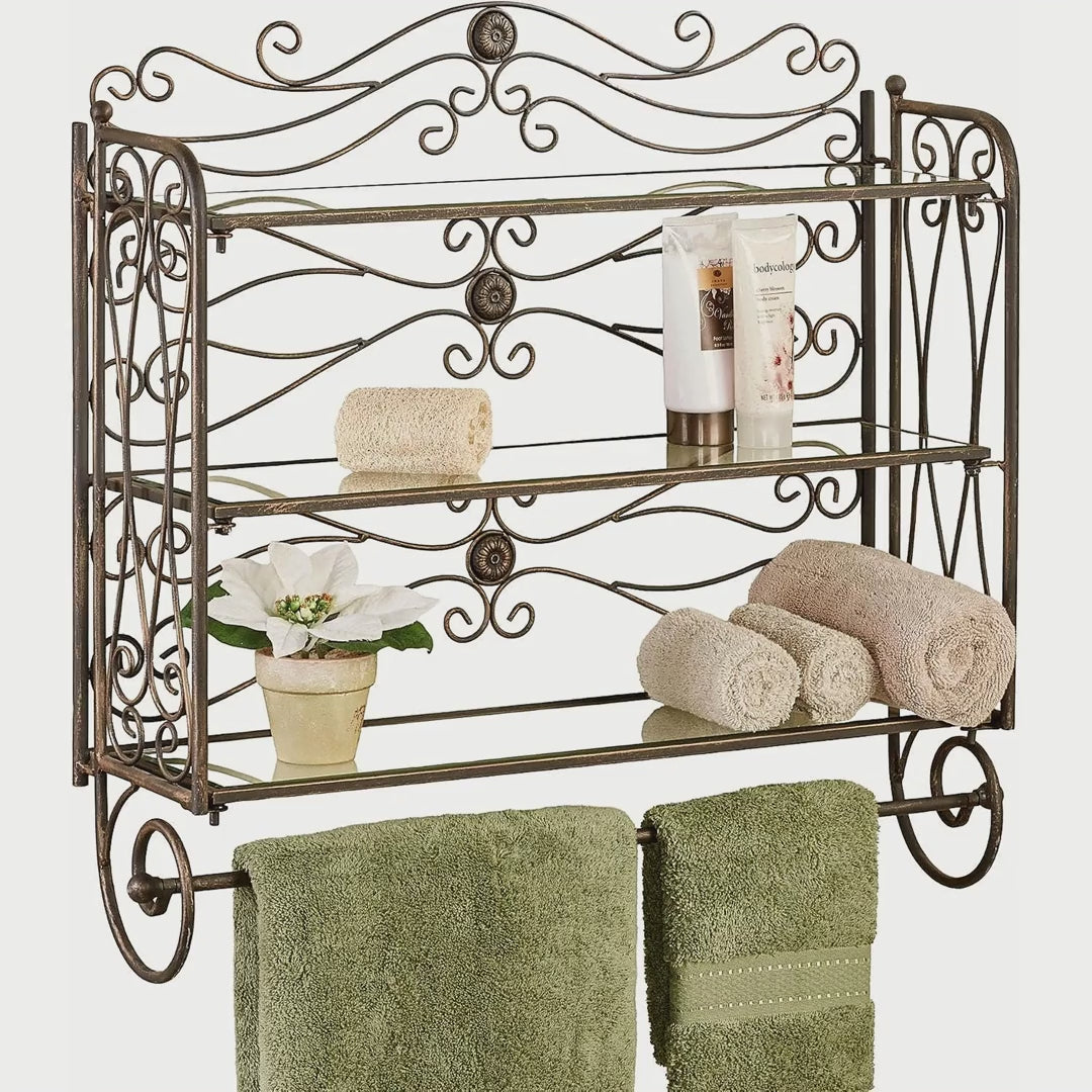 Slow cinematic tour of the antique bronze three-tier scrollwork bath shelf with towel bar from real product photography