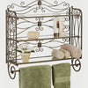 Slow cinematic tour of the antique bronze three-tier scrollwork bath shelf with towel bar from real product photography