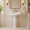 Slow cinematic tour of the classic white ceramic pedestal sink in three elegant bathroom settings