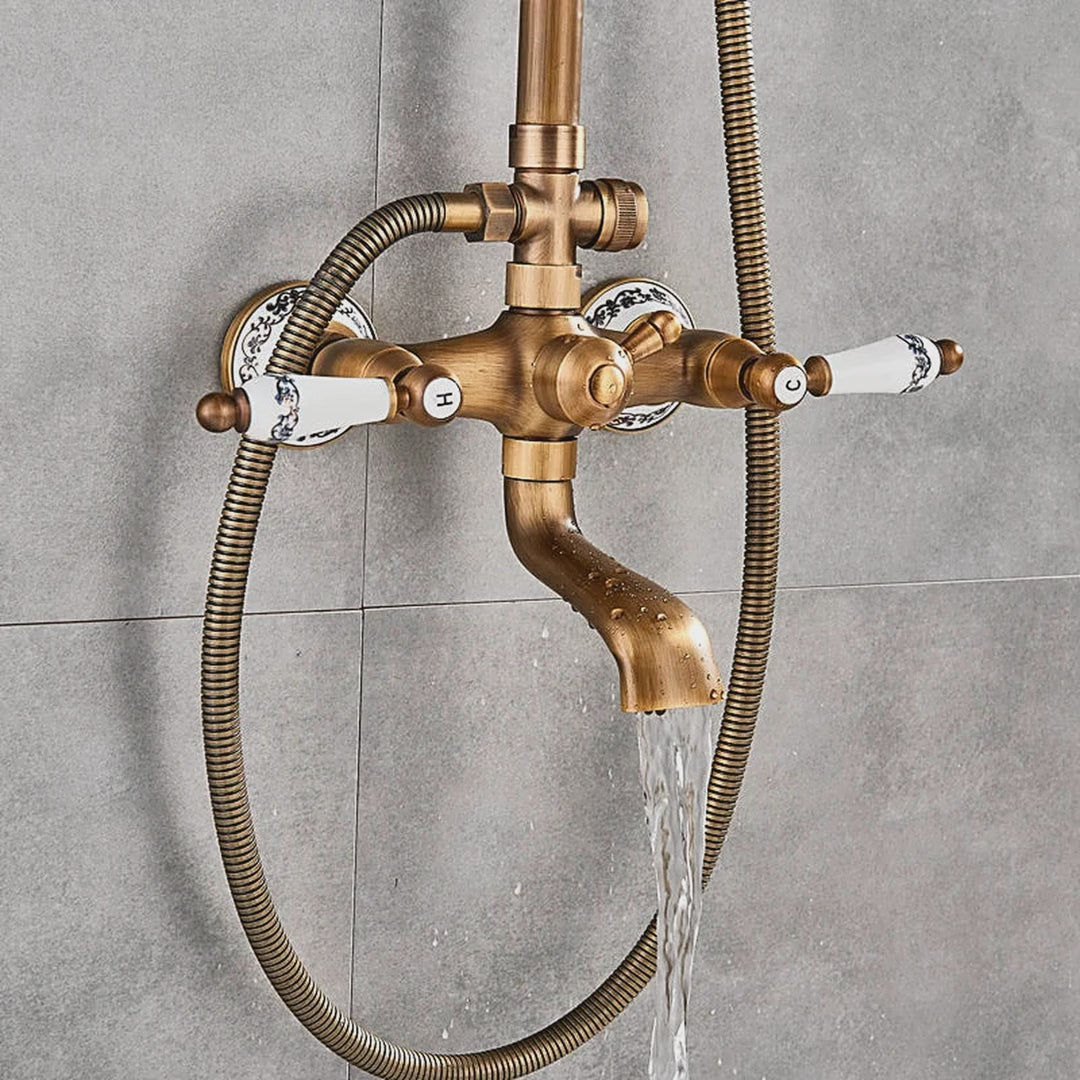 Antique Brass Exposed Shower Column with Porcelain or Cross Handles video showcase