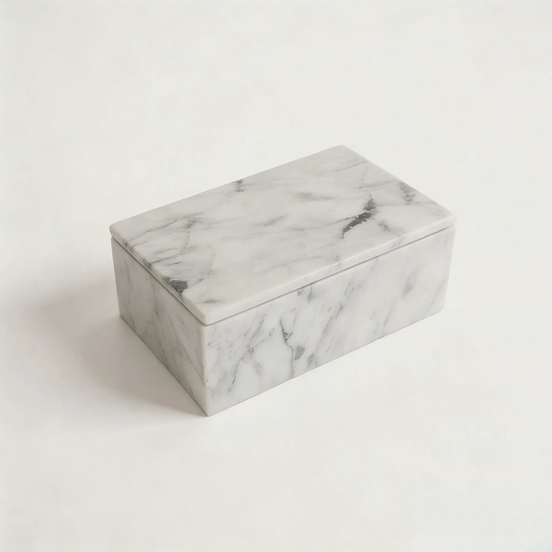 Slow cinematic tour of the Carrara white marble lidded vanity box from real product photography