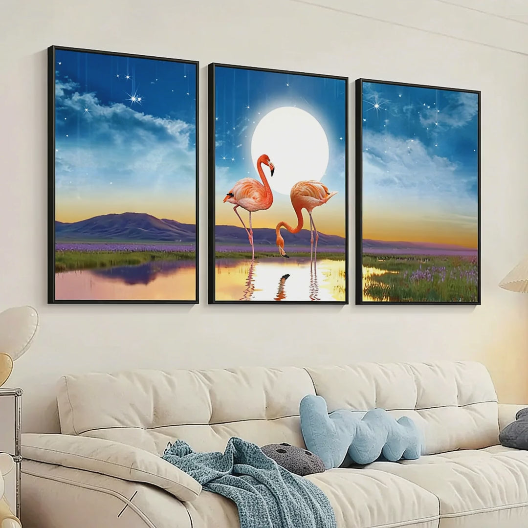 Slow cinematic tour of the flamingo seascape framed wall art set from real product photography
