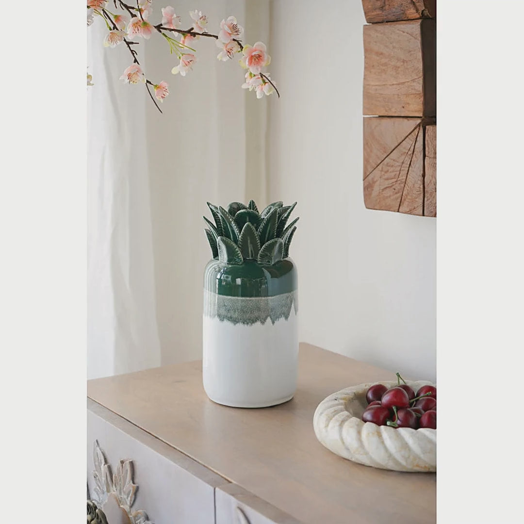 Green and White Ombre Ceramic Pineapple Vase, 7.1 in video showcase