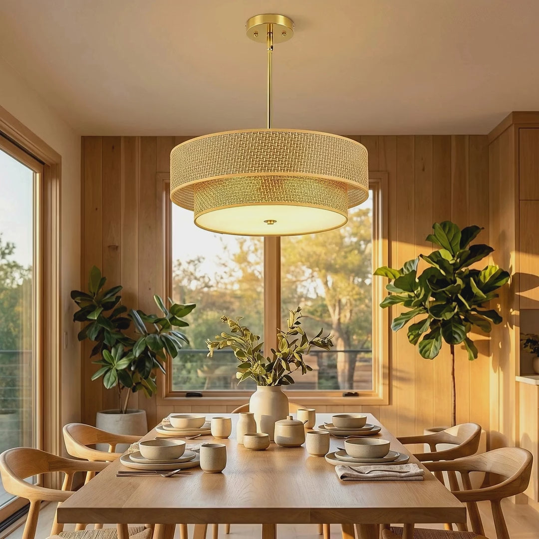 Double-Layer Woven Rattan and Linen Chandelier, 18 in video showcase