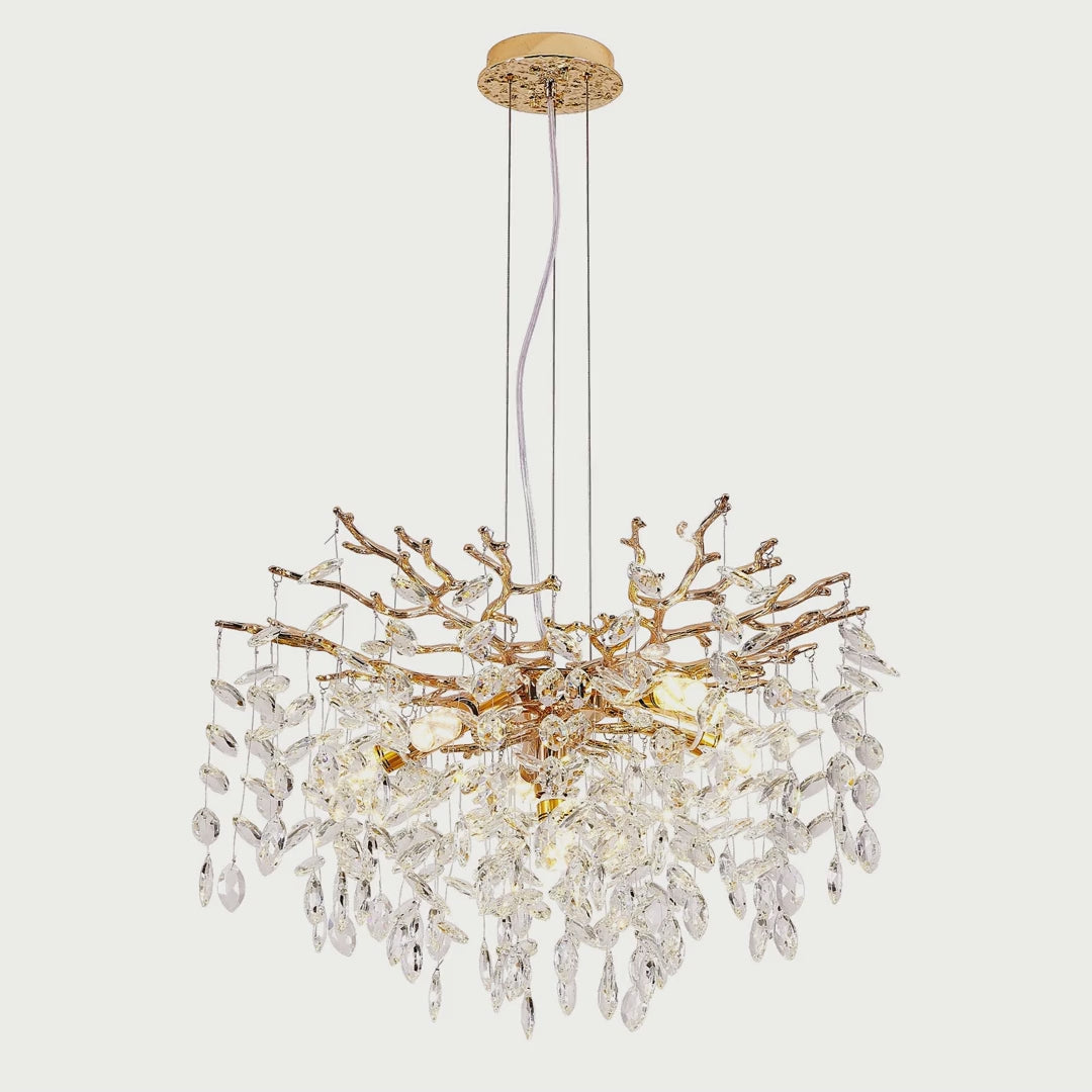Slow cinematic tour of the gold crystal branch chandelier from real product photography