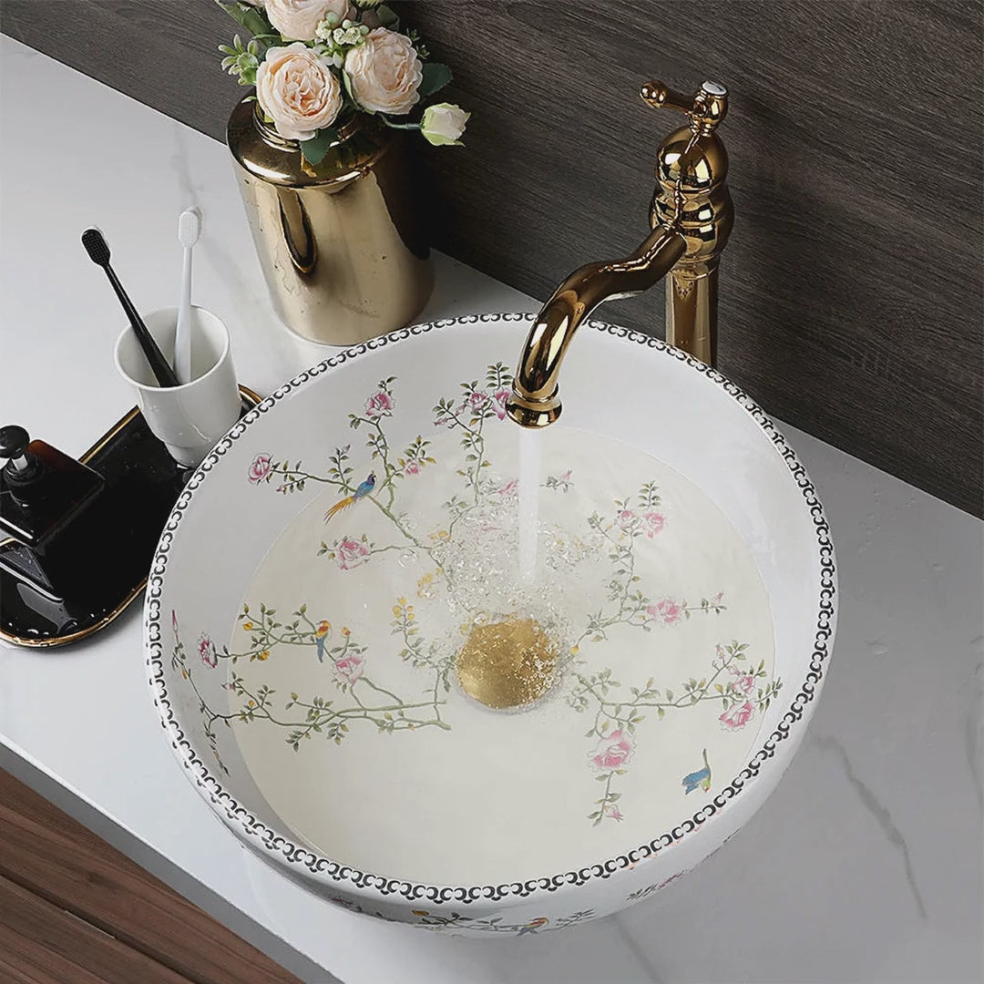 Flower-and-Bird Porcelain Vessel Sink with Gold Faucet, 16.4 in video showcase