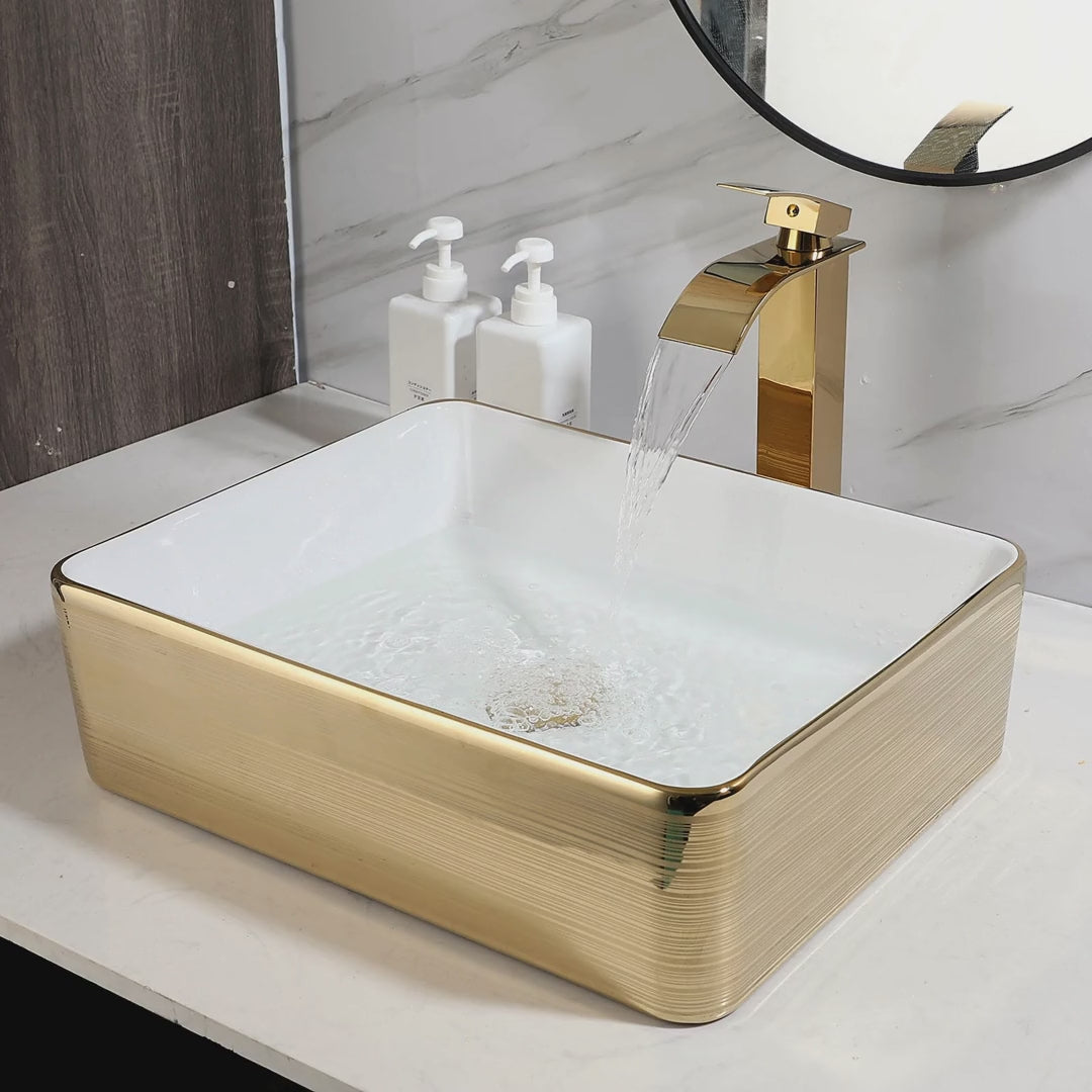 Slow cinematic tour of the gold-stripe square ceramic vessel sink set from real product photography