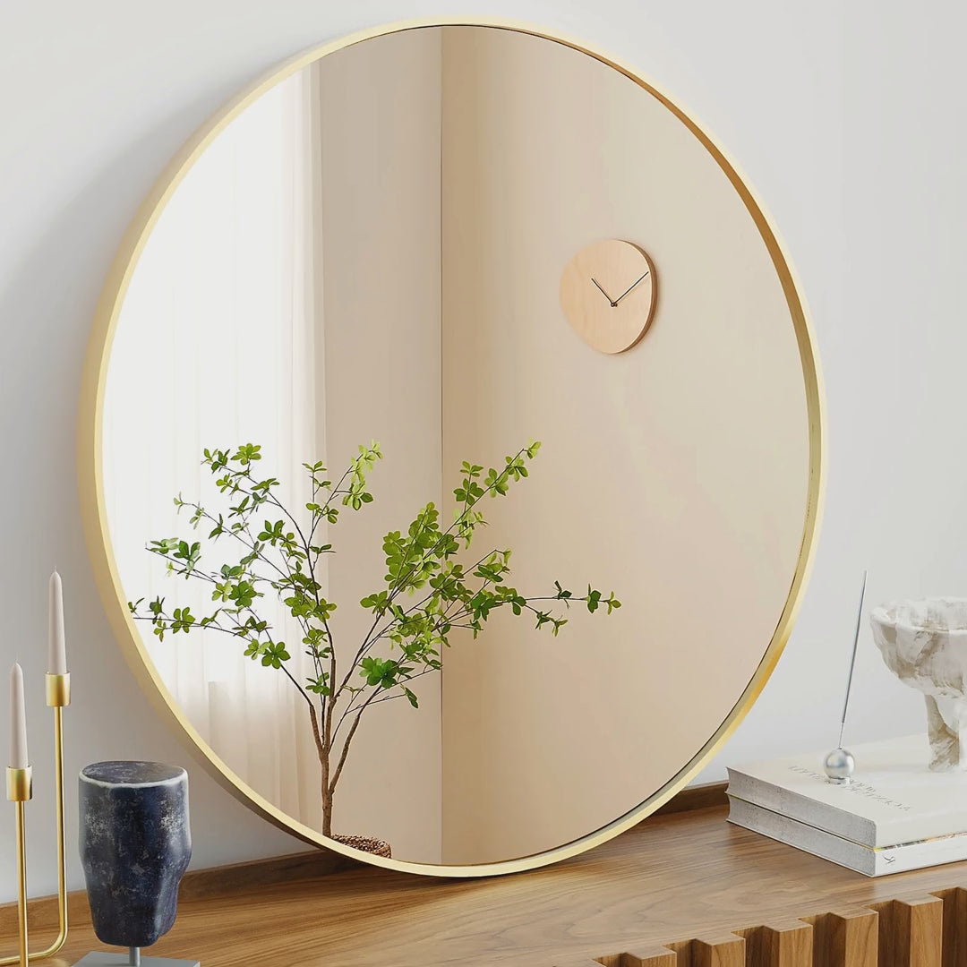 Round Matte Gold Metal Frame Mirror, 30 in video showcase