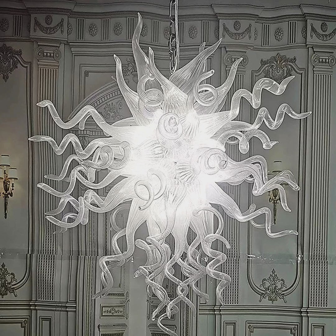 Hand-Blown Milk-White Glass Art Chandelier, LED video showcase