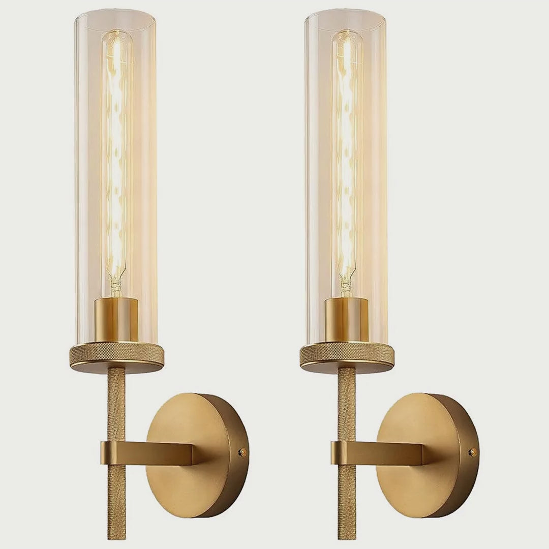 Knurled Gold Wall Sconces with Amber Glass Tubes, Set of 2 video showcase