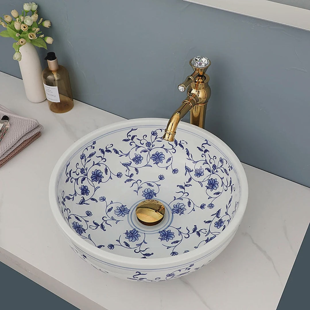 Blue and White Chinoiserie Ceramic Vessel Sink with Gold Faucet video showcase