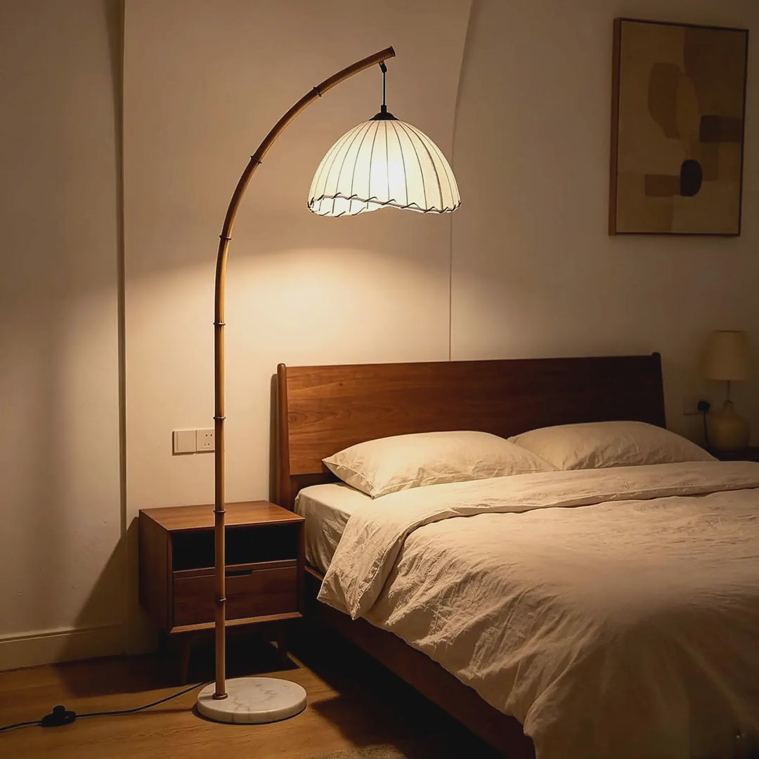 Slow cinematic tour of the bamboo arc floor lamp with pleated shade and marble base from real product photography