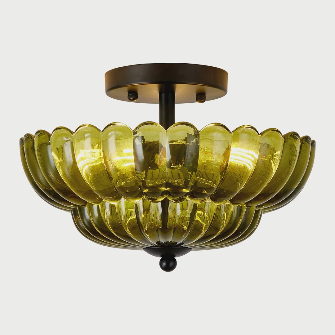 Slow cinematic tour of the green petal glass semi-flush ceiling light from real product photography