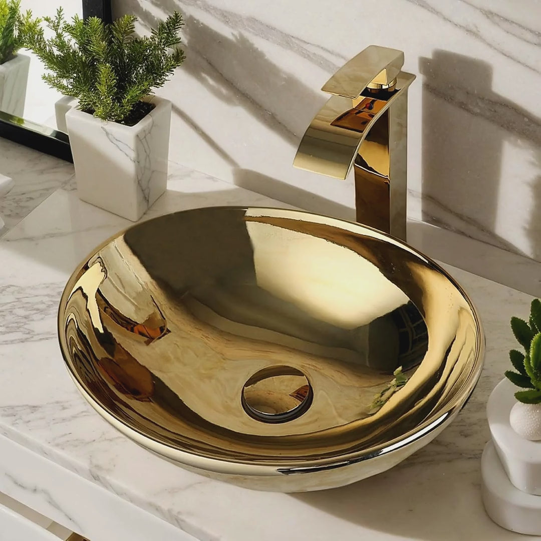 Polished Gold Ceramic Round Vessel Sink with Waterfall Faucet video showcase