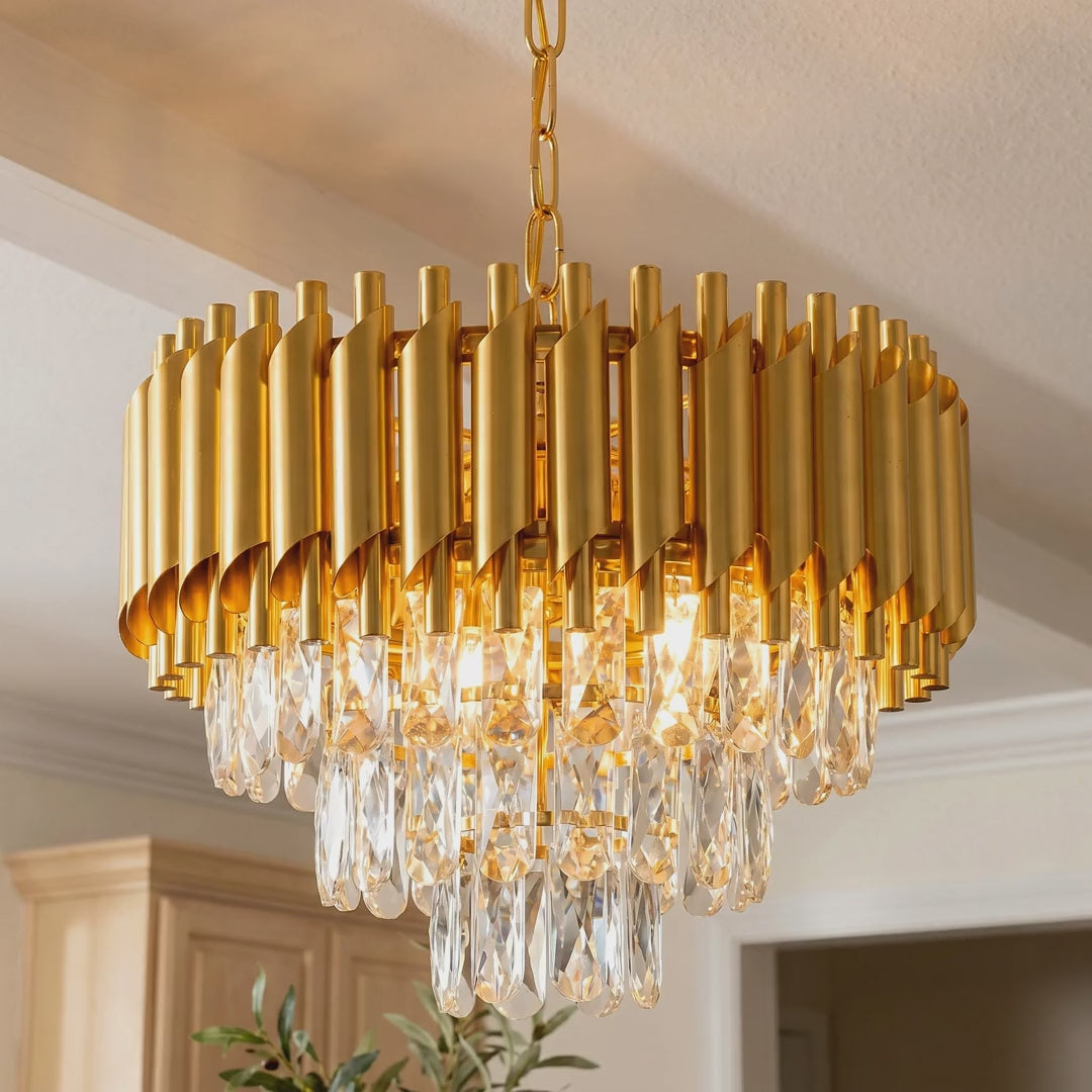 Gold Fluted Crown K9 Crystal Chandelier, Three Tiers video showcase