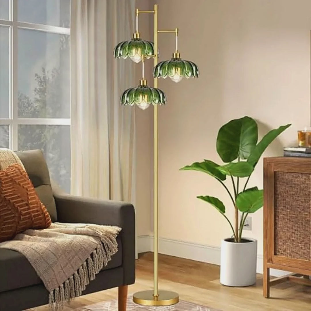 Gold Palm Floor Lamp with Three Green Glass Frond Shades video showcase