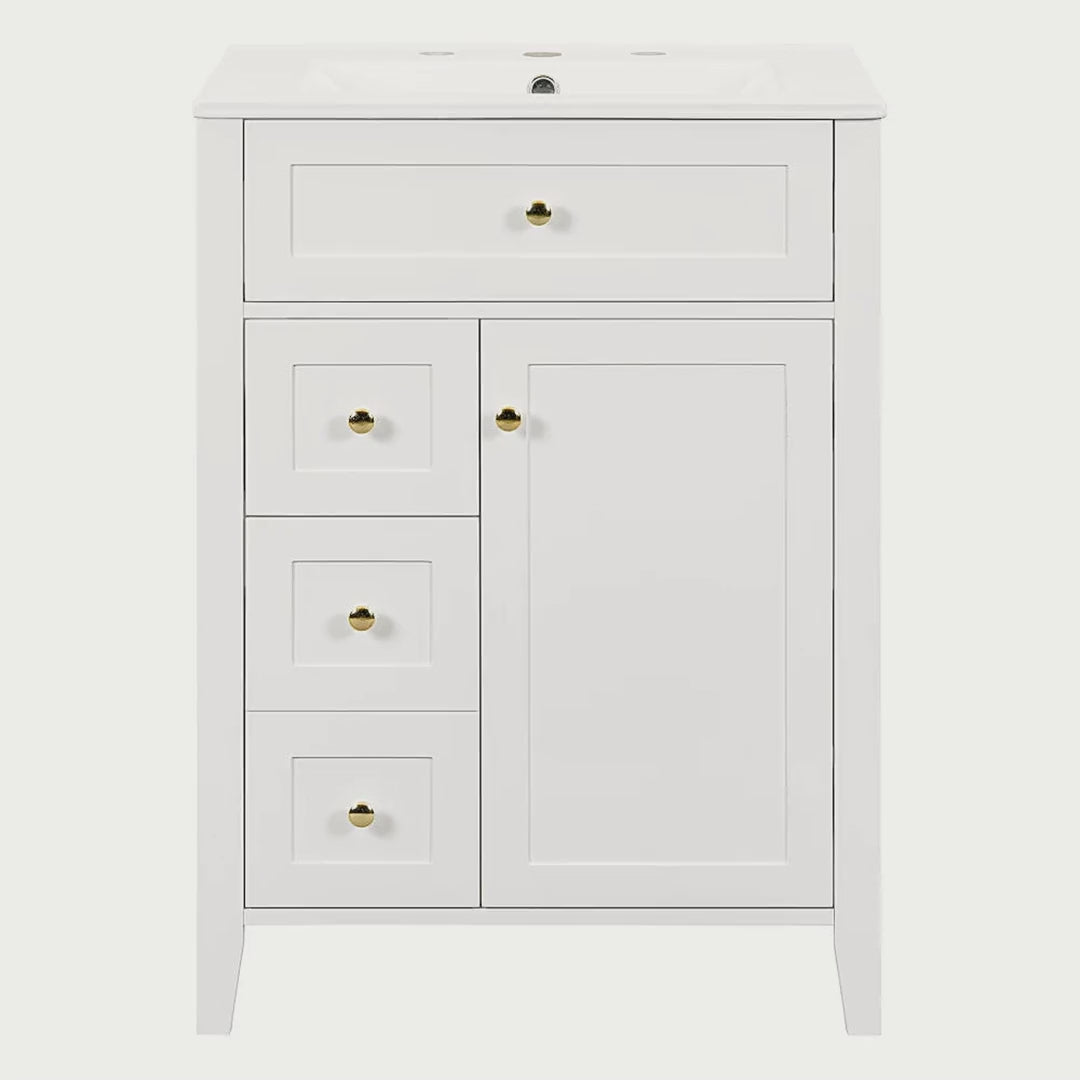 Slow cinematic tour of the white bathroom vanity with gold hardware from real product photography