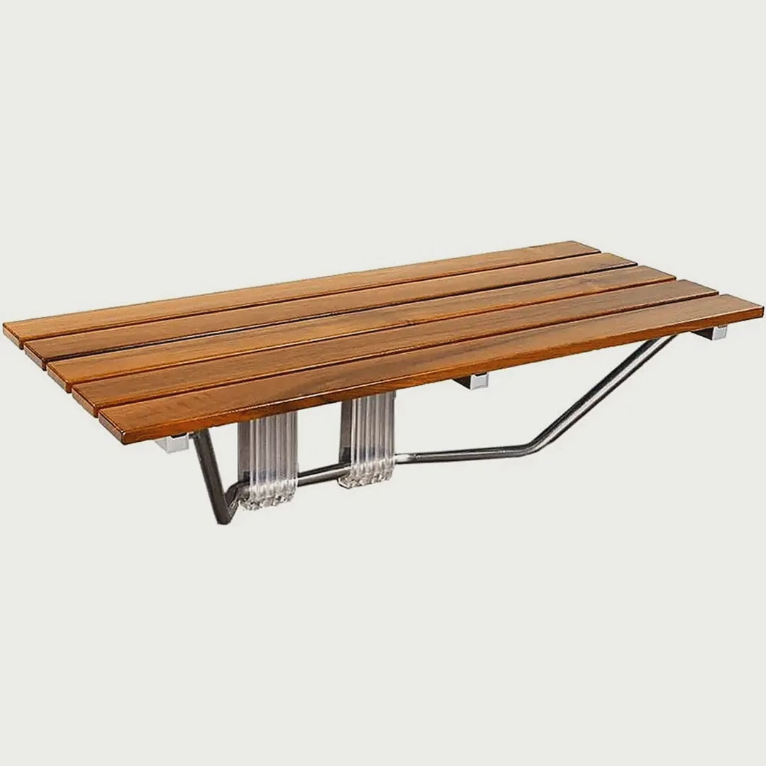 Slow cinematic tour of the foldable teak shower bench from real product photography