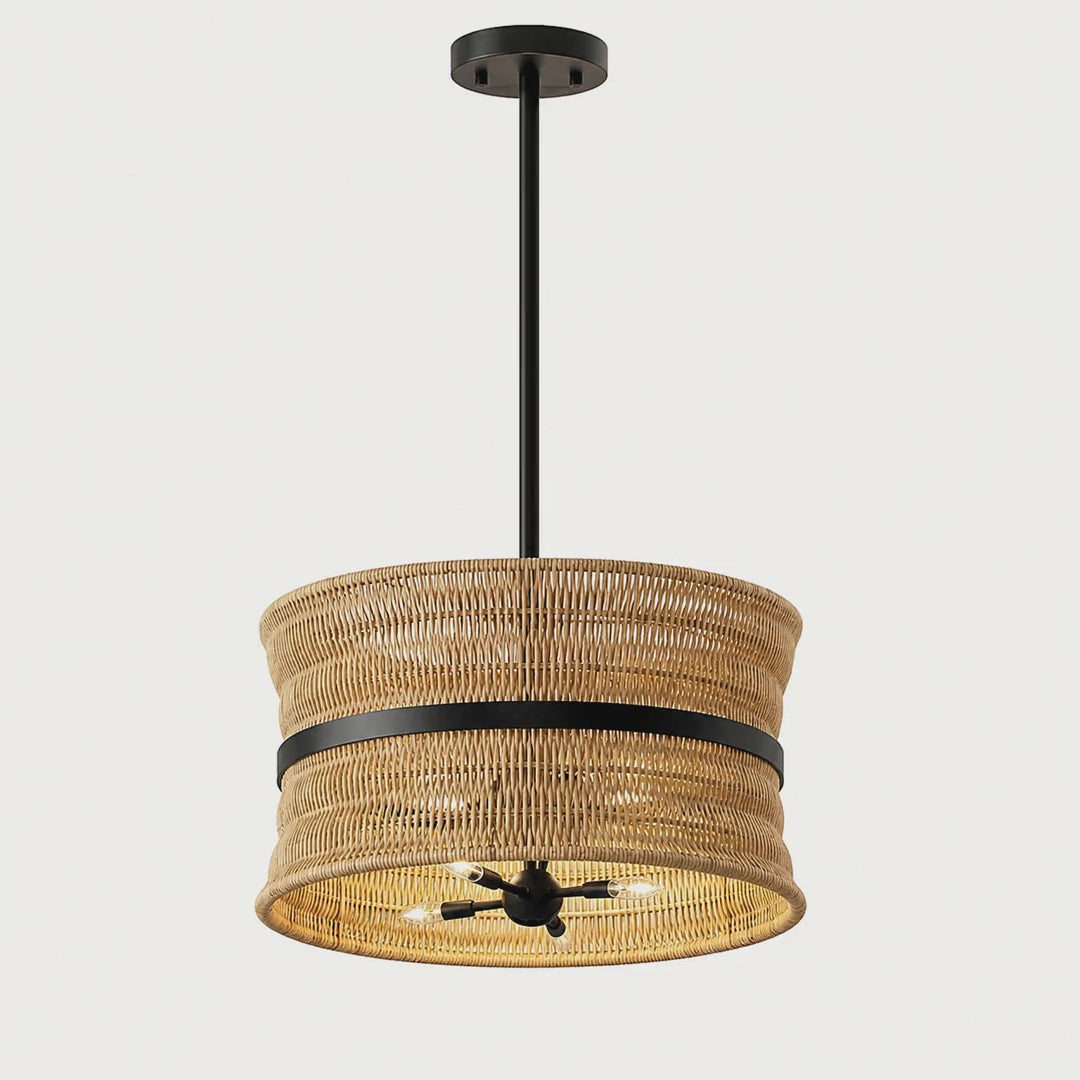 Slow cinematic tour of the natural rattan four-light drum pendant from real product photography
