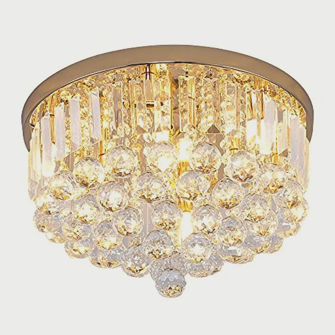 Slow cinematic tour of the gold crystal drum flush mount light from real product photography