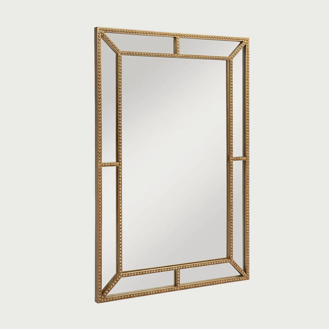 Slow cinematic tour of the gold beaded rectangular wall mirror from real product photography