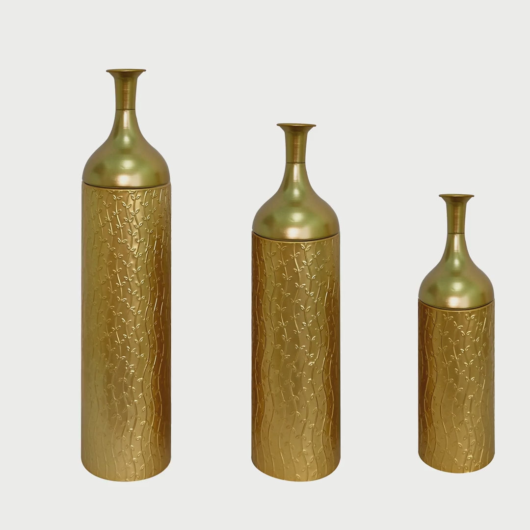 Slow cinematic tour of the gold leaf-pattern metal floor vase set from real product photography