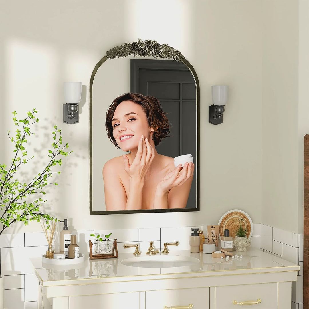 Slow cinematic tour of the antique brass baroque arched mantel mirror from real product photography
