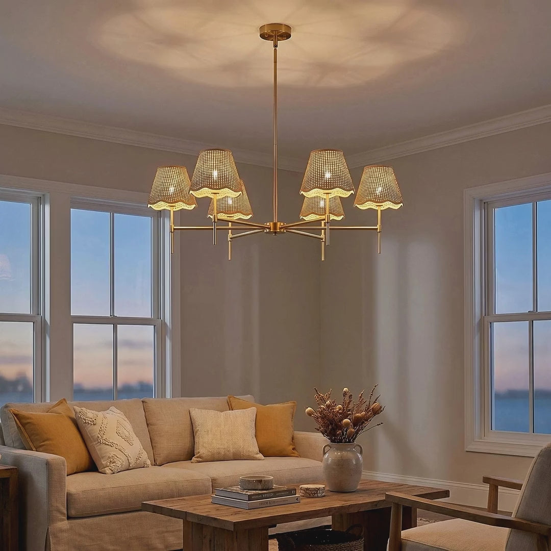 Six-Light Gold Chandelier with Scalloped Rattan Shades video showcase