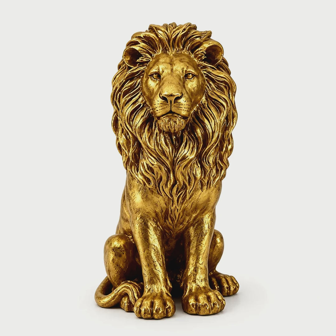 Slow cinematic tour of the gold lion statue from real product photography